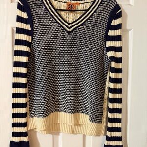 Tory Burch Navy and Cream V-Neck Sweater